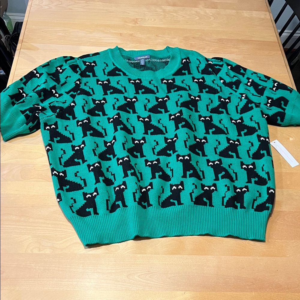 ModCloth Green Black Cat Pattern Sweater
